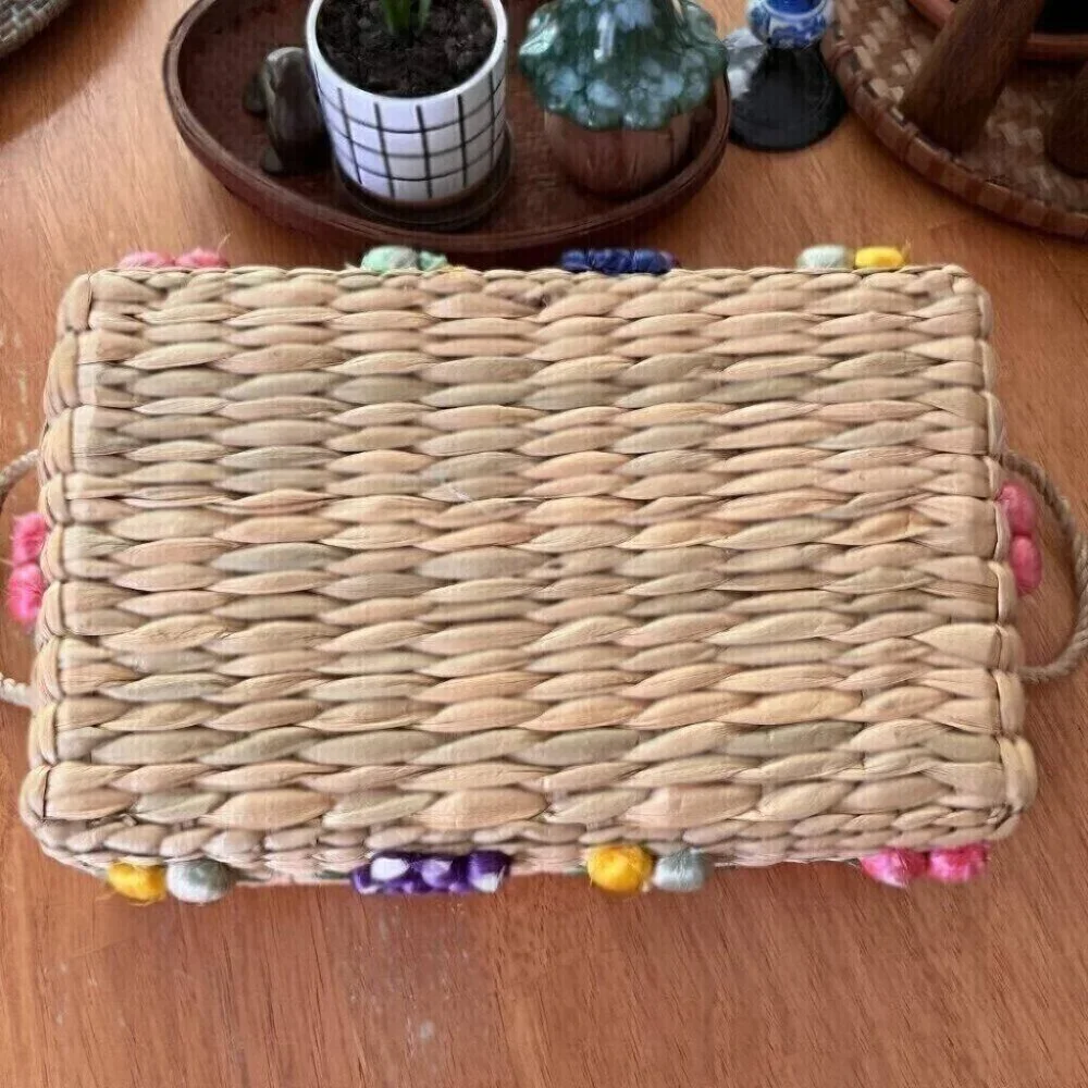 Vintage Hand Made Lined Wicker Basket Colorful Fruit Design Philippines Raffia